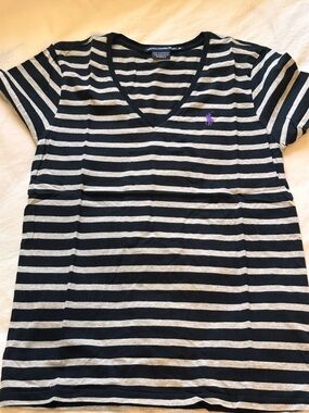 Polo Ralph Lauren Pima Cotton V-Neck Tshirt - Black and Gray Stripe - M